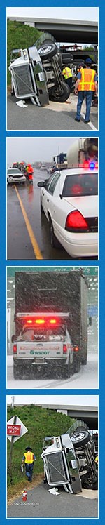 Top: a tractor-trailer is turned on its side on the edge of the road near an overpass. There are workers in high-vis clothing on the scene. Middle Top: a Washington State Patrol car in the foreground has its lights flashing. In the background are people in high-vis clothing helping with a car that has been in a collision. Middle Bottom: A WSDOT IRT truck with their hazards flashing are behind a tractor trailer on an interstate while there is snow on the road. Bottom: A tractor-trailer on its side near a Wrong Way sign. A worker in a high-vis vest walks next to a fire extinguisher.