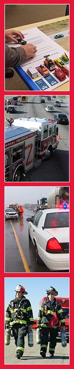 Top: a person's hands and small toy cars. Middle Top: A firetruck is parked across two lanes of traffic on an interstate. Middle Bottom: A State Patrol car with its lights flashing blocks a lane so that workers in high-vis gear can help people who were in a collision. Large vehicles drive by in the next lane. Bottom: Two firefighters in turnout gear, each carrying two large fire extinguishers, walk toward the camera.